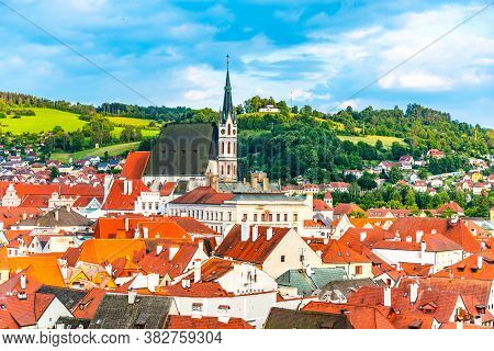 St Vitus Church In The Middle Of Historical City Centre. Cesky Krumlov, Southern Bohemia, Czech Repu