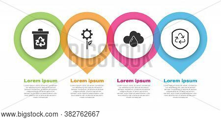 Set Recycle Bin With Recycle, Leaf Plant In Gear Machine, Cloud With Rain And Recycle Symbol Inside 