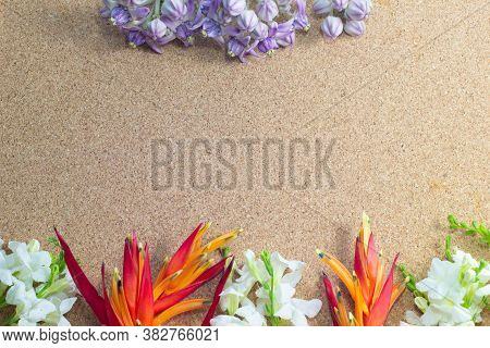 Frame Made Of White Flowers On A Brown Background, Flat Lay, Copy Space,border Design.