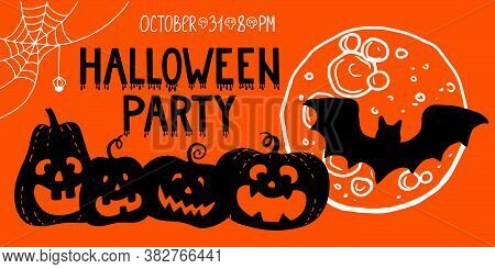 Horizontal Halloween Banner Web Template. Hand Drawn Smiling Scary Pumpkin Black Silhouette Full Moo