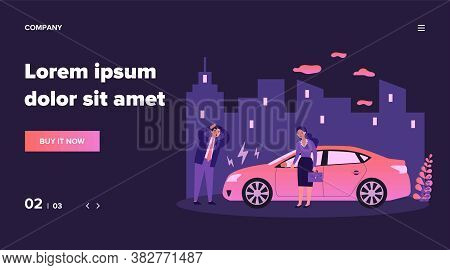 Drivers Upset About Car Breakdown. City Traffic, Engine Failure, Damage Flat Vector Illustration. Au