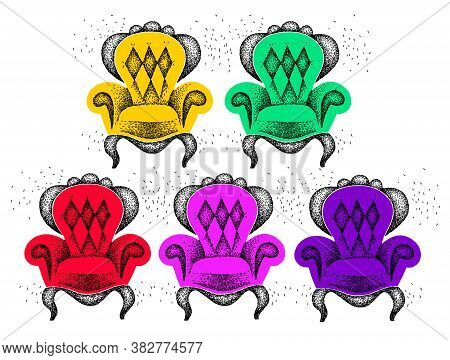 Set Of Multi-colored Antiquarian Armchairs. Collection Of Color Chairs On A White Background. Vintag