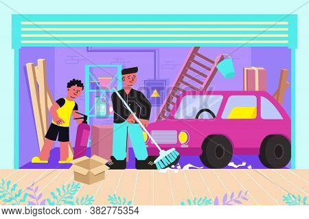 Cleaning Messy Garage Of Junk Flat Composition With Father Son Sweeping Floor Removing Clutter Vecto