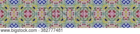 Ethnic Pattern. Blue, Indigo, Yellow, Red Seamless Texture. Repeat Tie Dye Rapport. Ikat Asian Motif