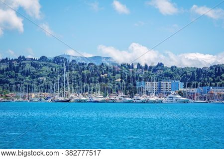 Corfu Island/greece- May 5, 2019:view Of Gouvia Port Marina - White Yachts, Sail Boats And Ships, Bl