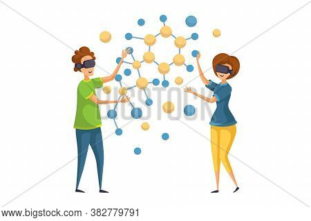 Vr Education, Teamwork, Elearning Concept. Team Of Young Man Woman Boy Girl Students Pupils Cartoon 