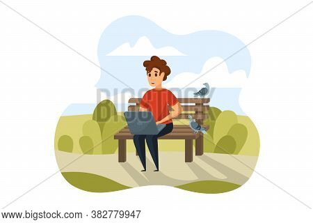 Freelance, Remote Work, Business Concept. Young Businessman Man Or Boy Freelancer Cartoon Character 
