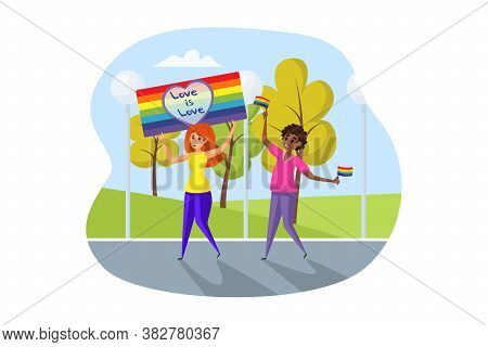 Activism, Lgbt, Parade Concept. Homosexual Women Lesbians Activists Cartoon Characters Take Part At 