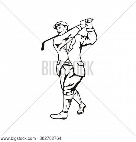 Stencil Illustration Of A Vintage Golfer With Golf Club Golfing Or Teeing Off Wearing Cheese Cutter 