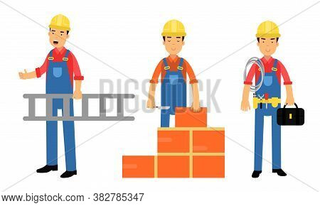 Young Man Constructor In Yellow Hard Hat And Blue Overall Carrying Ladder And Laying Bricks Vector I
