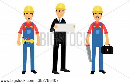 Young Man Constructor In Yellow Hard Hat And Blue Overall Holding Saw And Other Tools Vector Illustr