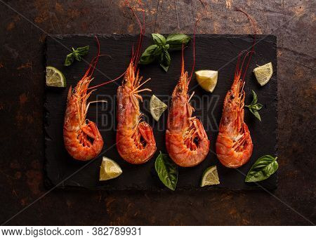 Top View Of Red Big King Prawns On Black Slate Board