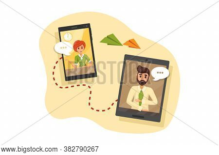 Video Call, Business, Communication, Quarantine Concept. Young Usinesswoman Talking Discuss With Man