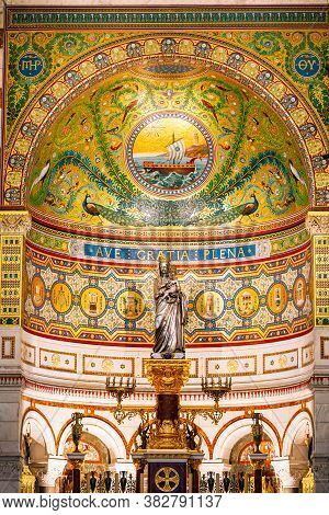 Marseille, France - June 30, 2015: Frescoed Wall And Altar In Catholic Basilica Notre Dame De La Gar