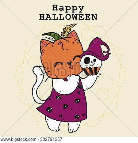 Cute Doodle Happy White Cat With Craved Pumpkin Head, Trick Or Treat, Halloween Costume, Autumn Oran
