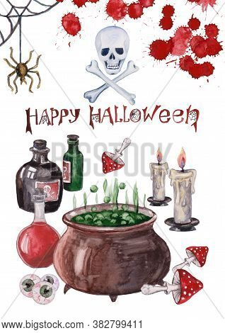 Happy Halloween With Pwith Skull, Bowler Hat, Bottles Cartoon Character. Halloween Cards Set With Ce
