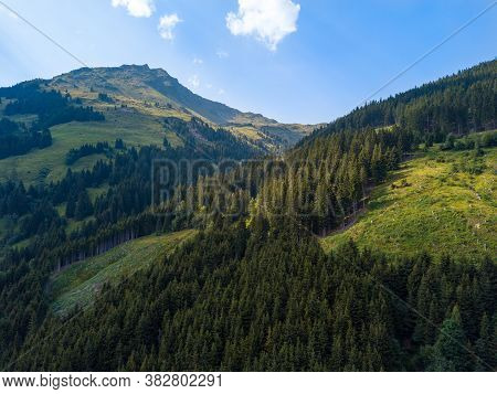 Aerial View Into The Valley Head Of The Hinterglemm Mountains On A Summer Day In The Alps At Saalbac
