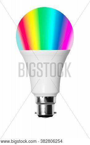 Isolated Cutout Smart Led Bulb Showing Rainbow Of Colors With Uk B22 Bayonet Fitting And Set Against