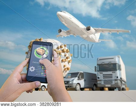 3D rendering of a smartphone delivery tracking app with an airplane, truck and van on the background
