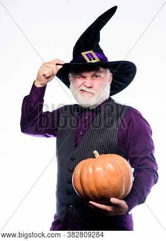 Magic Concept. Experienced And Wise. Magic Spell. Halloween Tradition. Cosplay Outfit. Senior Man Wh