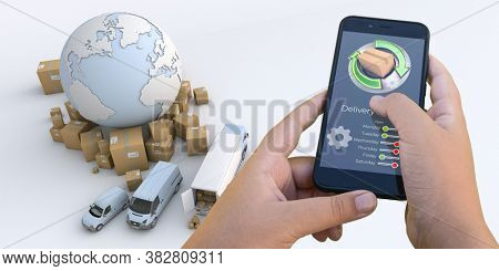 3D rendering of a smartphone delivery tracking app with trucks and goods on the background