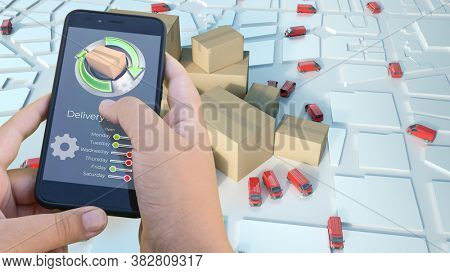 3D rendering of a smartphone app tracking a parcel on a map