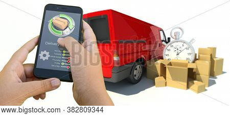3D rendering of a smartphone delivery tracking app with trucks and goods on the background