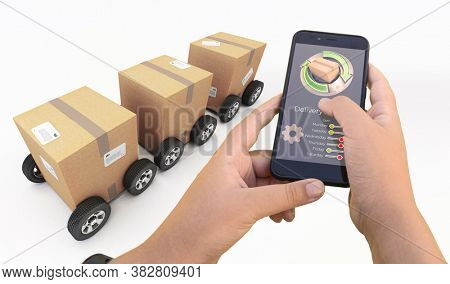 3D rendering of a smartphone delivery tracking app packages on the background