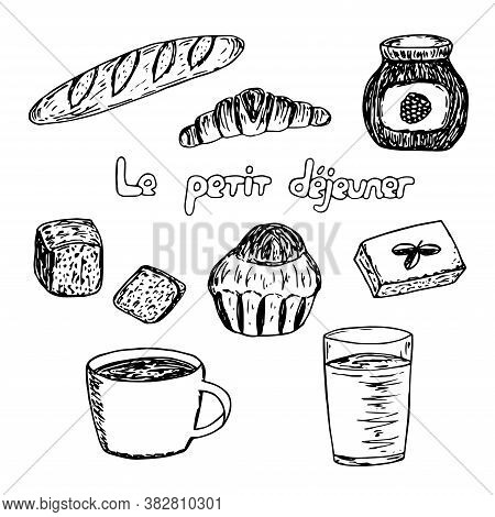 French Breakfast Set, Vector Illustration, Croissant, Brioche, Baguette, Bread, Coffee, Juice, Jam, 