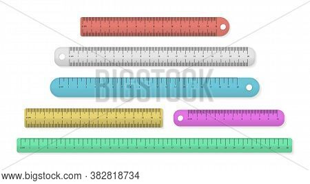 Set Of Colorful Plastic Measuring Rulers Isolated On A White Background. Measuring Tool. Ruler In Ce