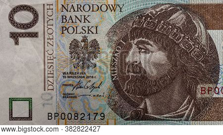 Meshko I Prince Polish Portrait From Polish Money 10 Zlotys, Polish Currency, Texture From Money.