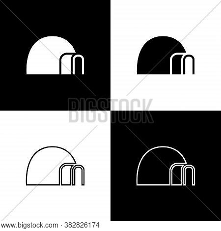 Set Igloo Ice House Icon Isolated On Black And White Background. Snow Home, Eskimo Dome-shaped Hut W