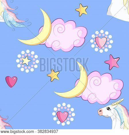 Seamless Pattern With Unicorns, Moon, Flovers, Clouds And Stars. Baby Background.