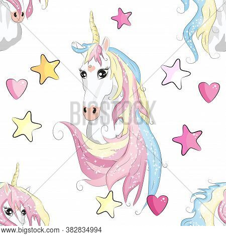 Seamless Pattern With Unicorns, Moon, Flovers, Clouds And Stars. Baby Background.
