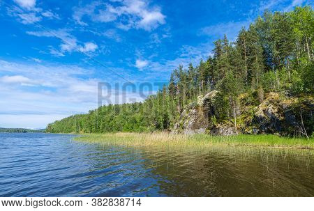 A Beautiful Rocky Coast Of The Lake Ladoga Overgrew The Pines. Russia, Karelia.