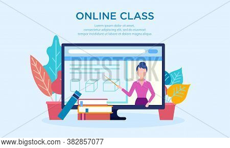 Vector Illustration Of Online Class Technology. Suitable For Backgrounds And Design Elements Of Dist