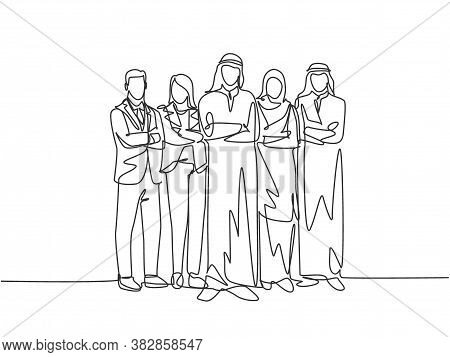 Single Continuous Line Drawing Of Young Male And Female Muslim Staff Employees Line Up Together At T