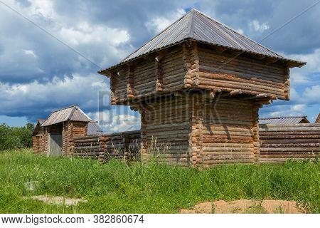 Tower Of An Ancient Russian Wooden Fortress (reconstruction) On The Rurik Settlement. Veliky Novgoro