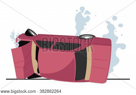 Car Crash, Traffic Accident, Burning Vehicle With Smoke