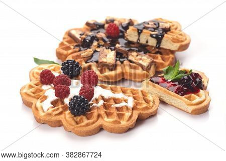 Freshly Baked Waffles With Chocolate Isolated On White Background