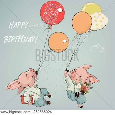 Cute Pig Boys Fly With Balloons And Flowers