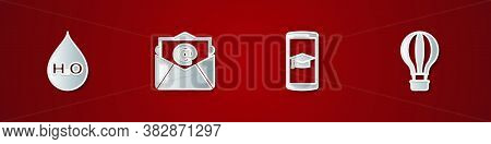 Set Water Drop With H2o, Mail And E-mail, Graduation Cap On Mobile And Hot Air Balloon Icon. Vector