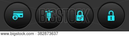 Set Credit Card With Lock, Electric Scooter, Lock And Check Mark And Open Padlock Icon. Vector