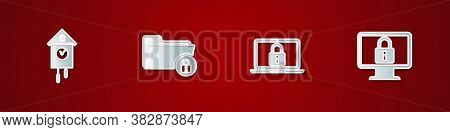 Set Retro Wall Watch, Folder And Lock, Laptop And Lock On Monitor Icon. Vector