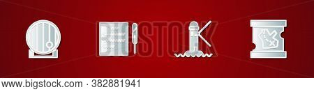 Set Wooden Barrel, Feather Pen And Scroll, Lighthouse And Pirate Treasure Map Icon. Vector