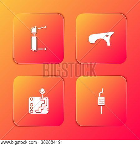 Set Truck Side Mirror, Car Fender, Gear Shifter And Muffler Icon. Vector