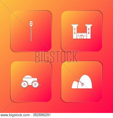 Set Medieval Chained Mace Ball, Castle, Wooden Four-wheel Cart And Bale Of Hay And Rake Icon. Vector