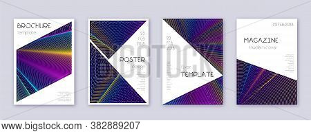 Triangle Brochure Design Template Set. Rainbow Abstract Lines On Dark Blue Background. Breathtaking 