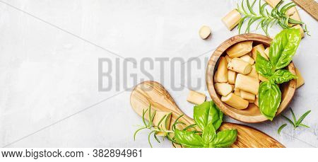 Traditional Smoked Chechil Cheese In Bowl And Cutting Board, Top View