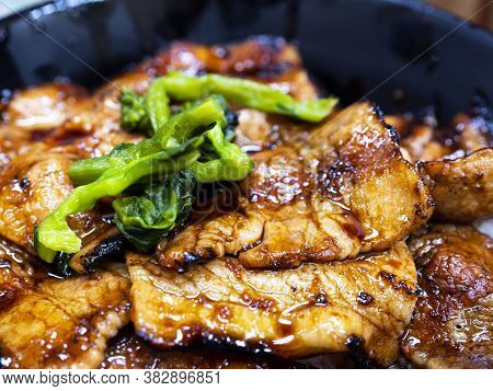 Selective Focus Of Grilled Pork Rice Bowl / Butadon In The Restaurant (japanese Food)